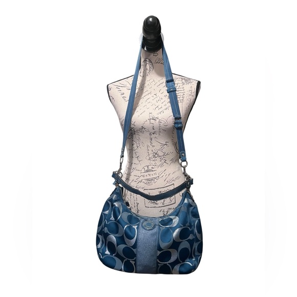 COACH F20428 Signature Handbag Teal Green Silver Jacquard Women Vintage - Picture 6 of 12